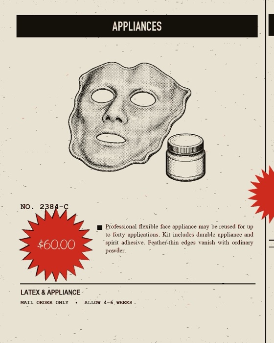 Catalog engraving of a latex face appliance and jar